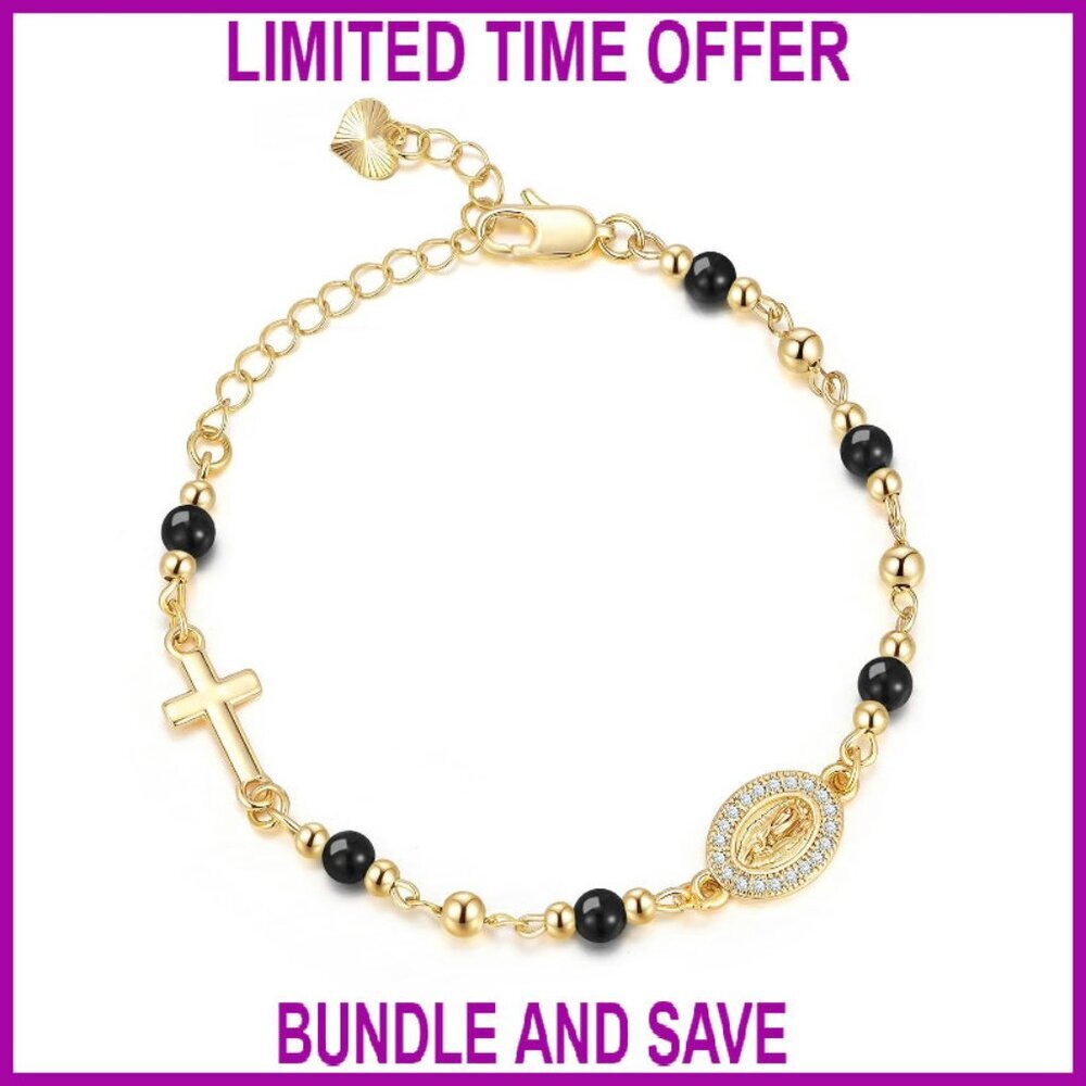 14K Gold Plated Virgin Mary Bracelet, Adjustable Beaded, Religious Gift